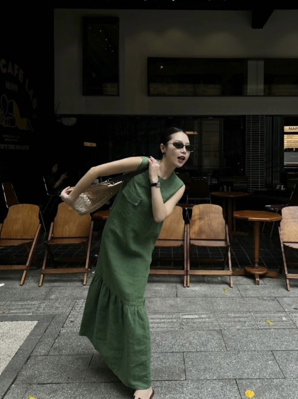 無袖魚尾亞麻洋裝亞麻背心無袖洋裝