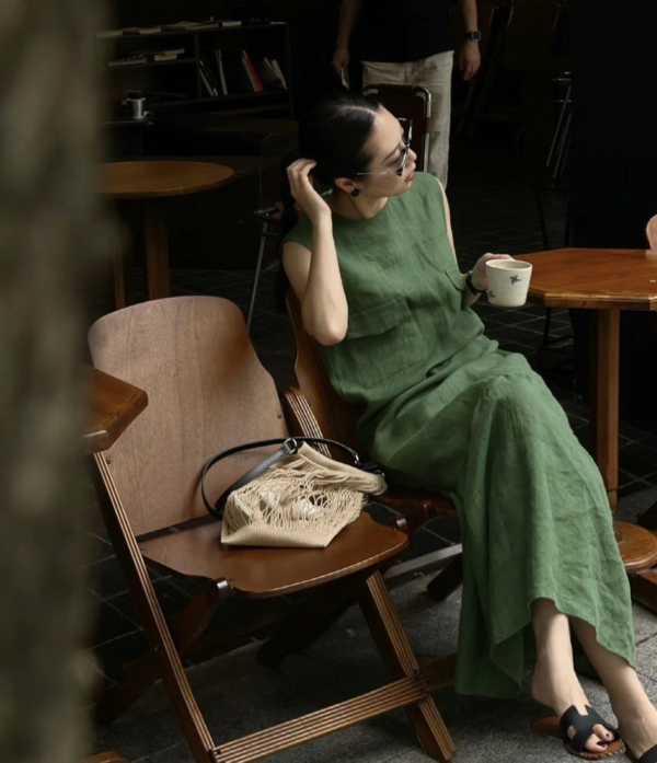 無袖魚尾亞麻洋裝亞麻背心無袖洋裝