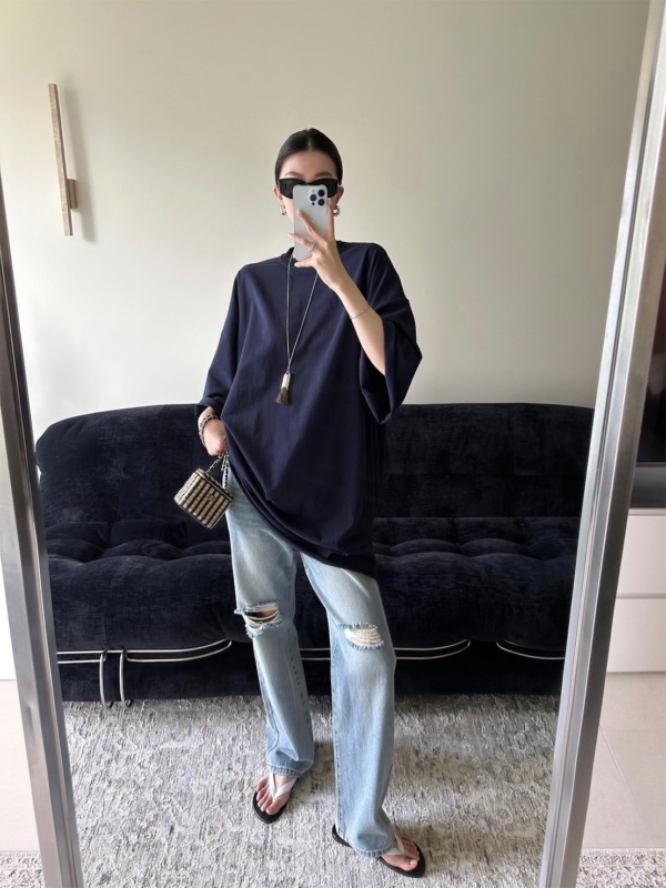 大落肩空氣感輪廓中長T恤捲邊短袖上衣