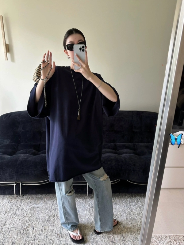 大落肩空氣感輪廓中長T恤捲邊短袖上衣