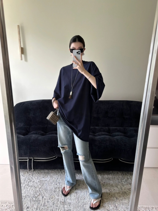 大落肩空氣感輪廓中長T恤捲邊短袖上衣