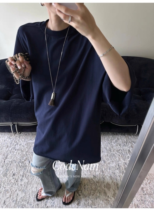 大落肩空氣感輪廓中長T恤捲邊短袖上衣