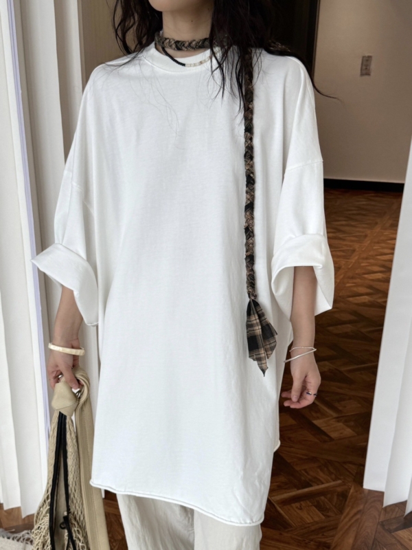 大落肩空氣感輪廓中長T恤捲邊短袖上衣