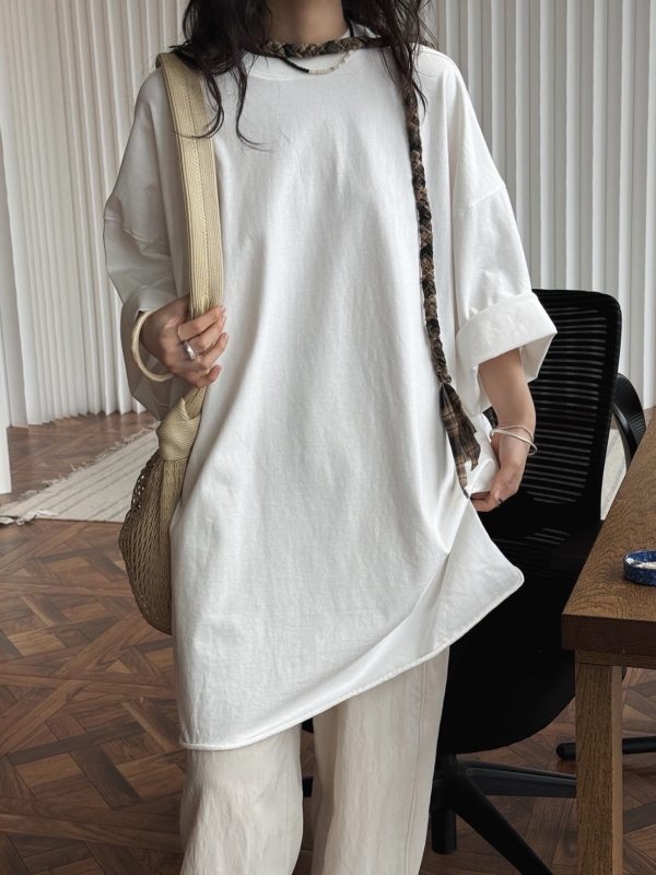 大落肩空氣感輪廓中長T恤捲邊短袖上衣