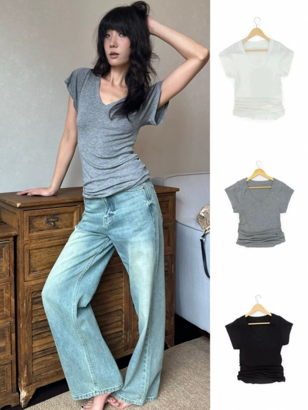 堆疊中長天絲毛衣典基本款v領t恤