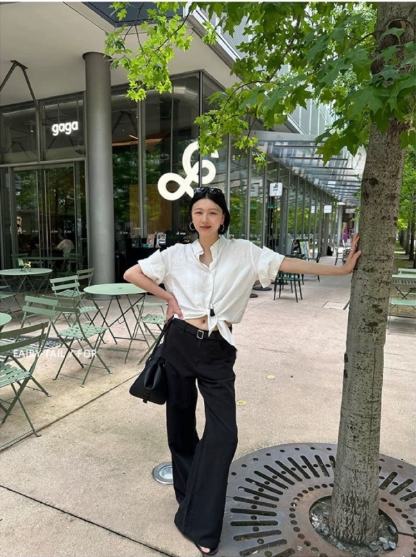 夏款純亞麻袖口翻折休閒襯衫上衣