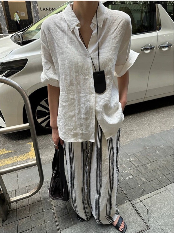 夏款純亞麻袖口翻折休閒襯衫上衣