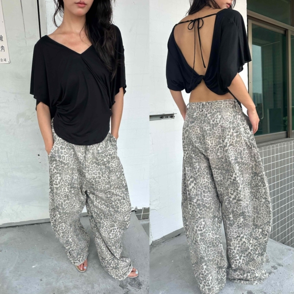 復古廓形水洗牛仔豹紋慵懶鬆弛感彎刀褲