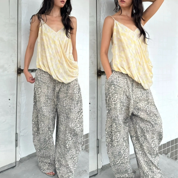 復古廓形水洗牛仔豹紋慵懶鬆弛感彎刀褲