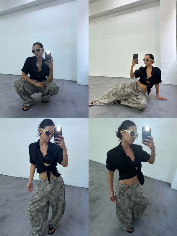 復古廓形水洗牛仔豹紋慵懶鬆弛感彎刀褲