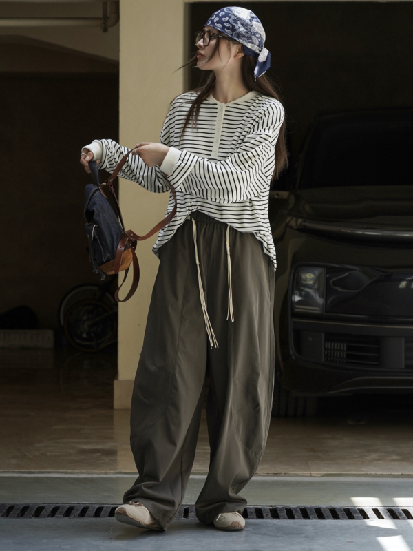 拼接輪廓搭配腰繩休閒褲卡寬鬆舒適顯瘦長褲