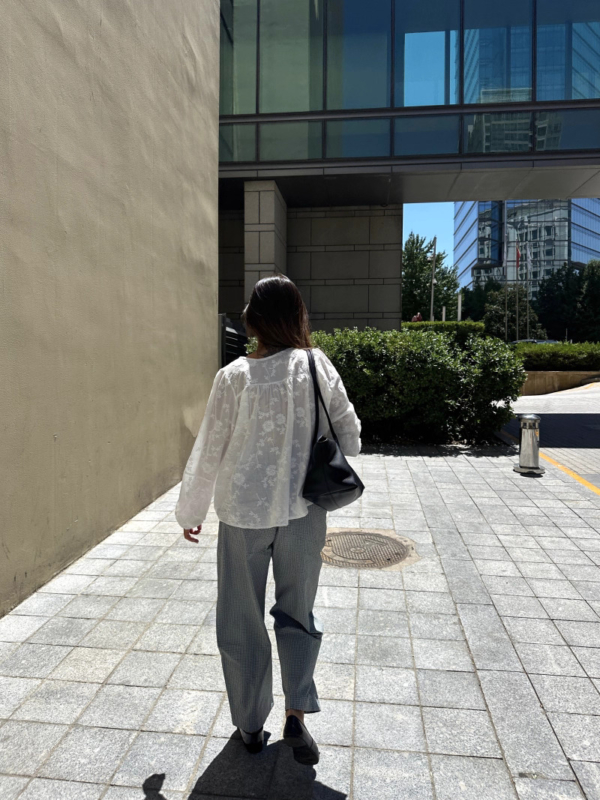 薄款泡泡肌理感高腰香蕉褲格紋長褲西裝褲