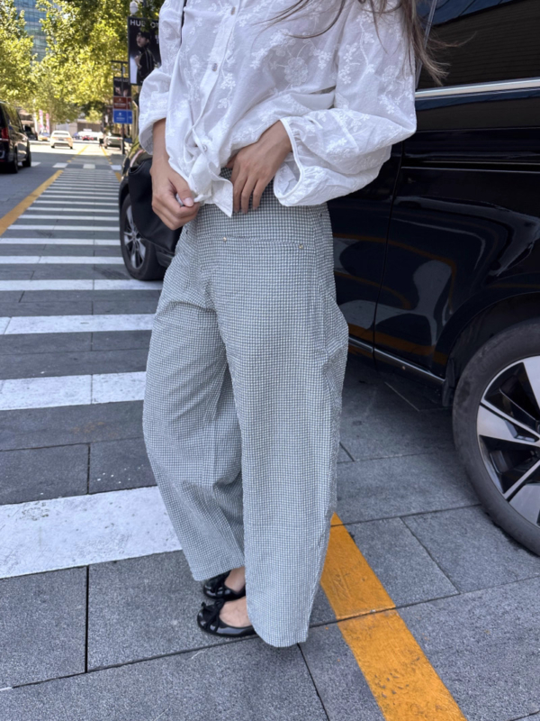 薄款泡泡肌理感高腰香蕉褲格紋長褲西裝褲