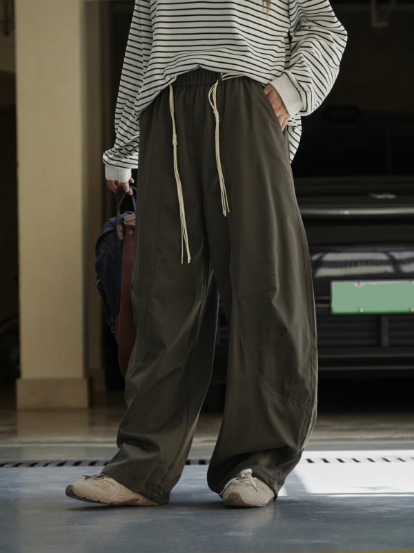 拼接輪廓搭配腰繩休閒褲卡寬鬆舒適顯瘦長褲