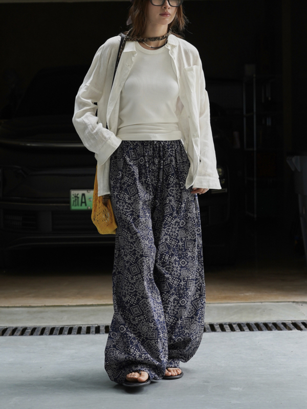 腰果花闊腿休閒褲垂感拖地休閒長褲