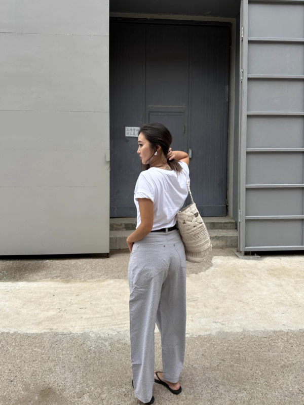 薄款泡泡肌理感高腰香蕉褲格紋長褲西裝褲