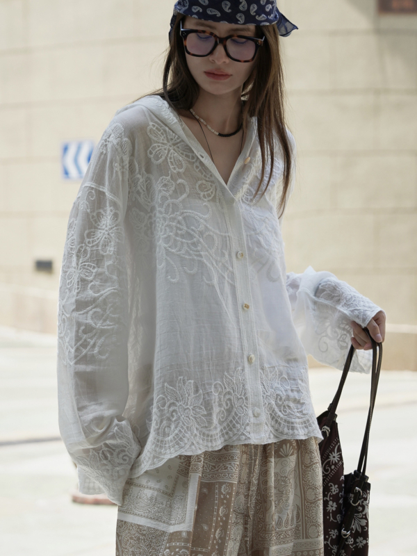連帽蕾絲提花防曬襯衫輕盈透氣上衣