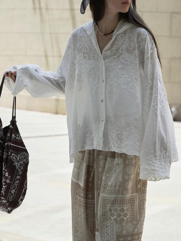 連帽蕾絲提花防曬襯衫輕盈透氣上衣