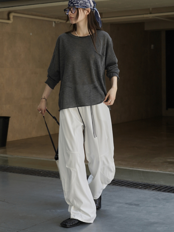 拼接輪廓搭配腰繩休閒褲卡寬鬆舒適顯瘦長褲