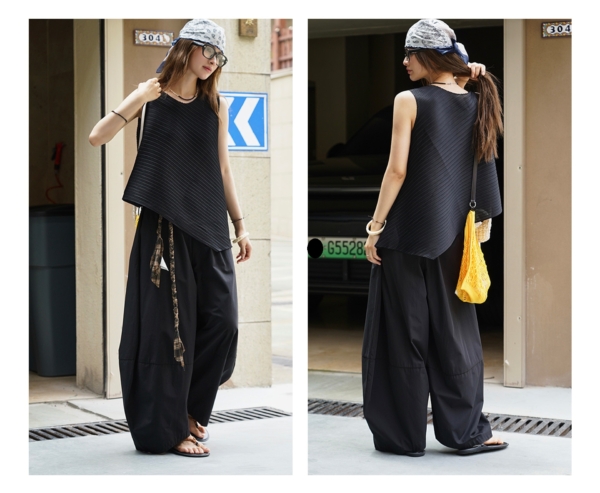 簡約不規則圓領無袖背心彈性褶皺乾爽透氣上衣