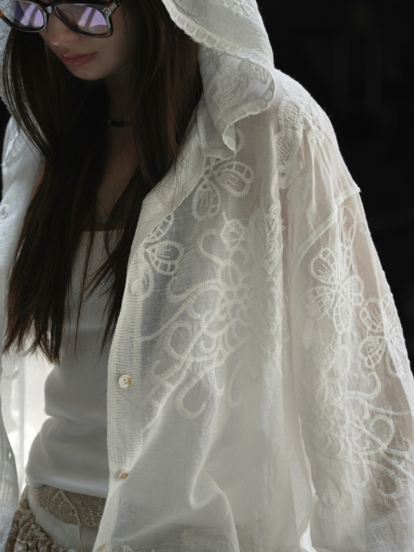 連帽蕾絲提花防曬襯衫輕盈透氣上衣