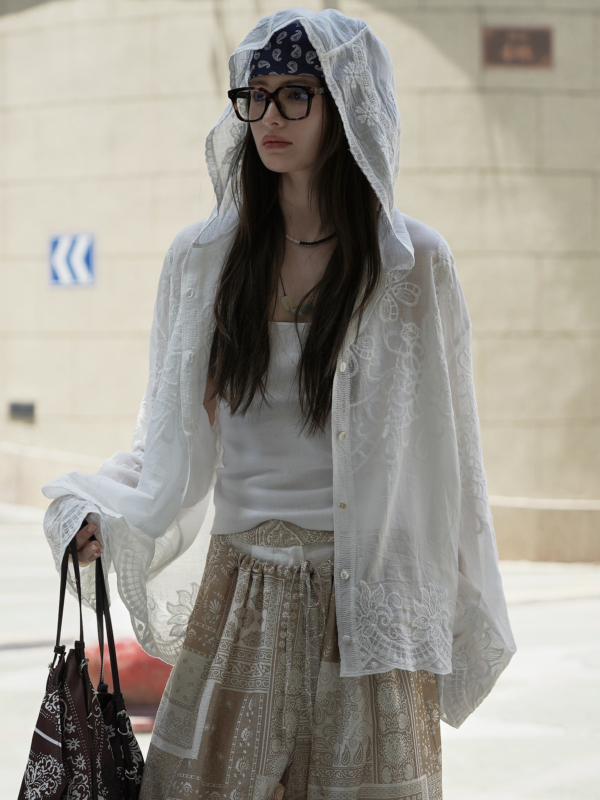 連帽蕾絲提花防曬襯衫輕盈透氣上衣