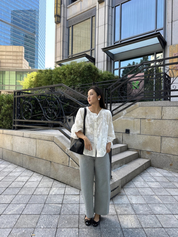 薄款泡泡肌理感高腰香蕉褲格紋長褲西裝褲