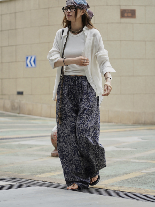 腰果花闊腿休閒褲垂感拖地休閒長褲