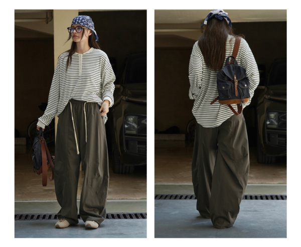 拼接輪廓搭配腰繩休閒褲卡寬鬆舒適顯瘦長褲