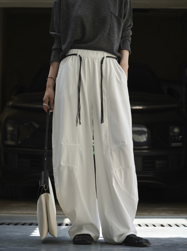 拼接輪廓搭配腰繩休閒褲卡寬鬆舒適顯瘦長褲