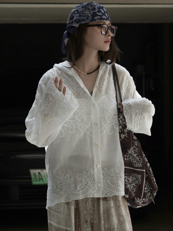 連帽蕾絲提花防曬襯衫輕盈透氣上衣