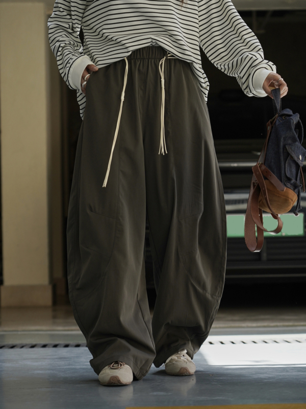 拼接輪廓搭配腰繩休閒褲卡寬鬆舒適顯瘦長褲