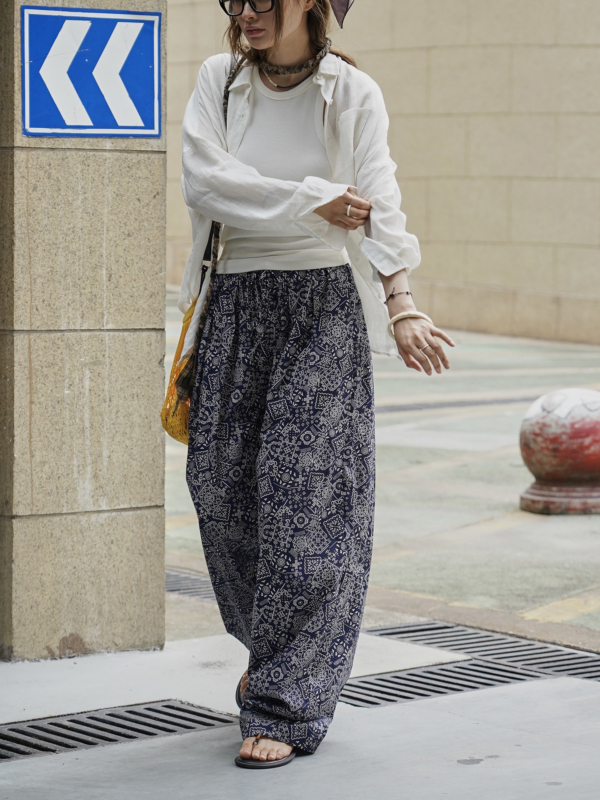 腰果花闊腿休閒褲垂感拖地休閒長褲