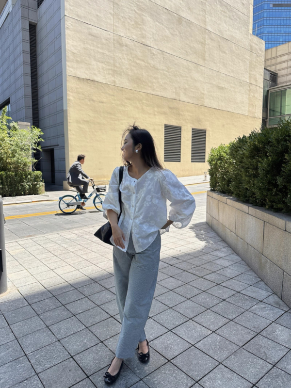 薄款泡泡肌理感高腰香蕉褲格紋長褲西裝褲