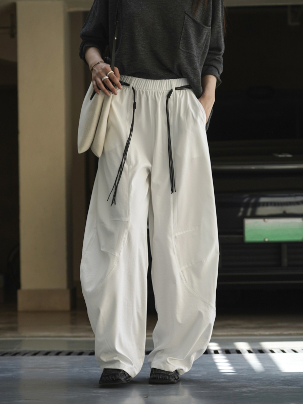 拼接輪廓搭配腰繩休閒褲卡寬鬆舒適顯瘦長褲