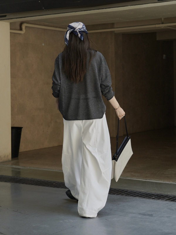 拼接輪廓搭配腰繩休閒褲卡寬鬆舒適顯瘦長褲