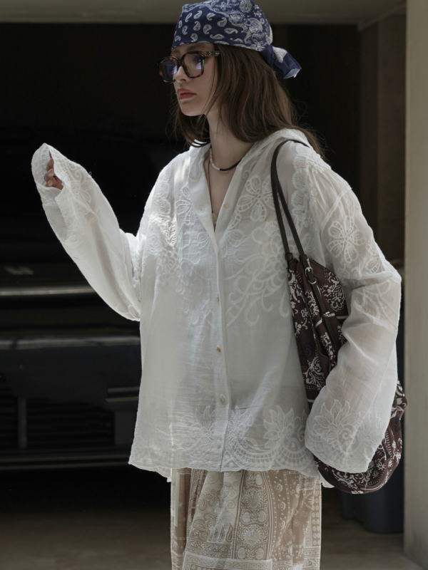 連帽蕾絲提花防曬襯衫輕盈透氣上衣