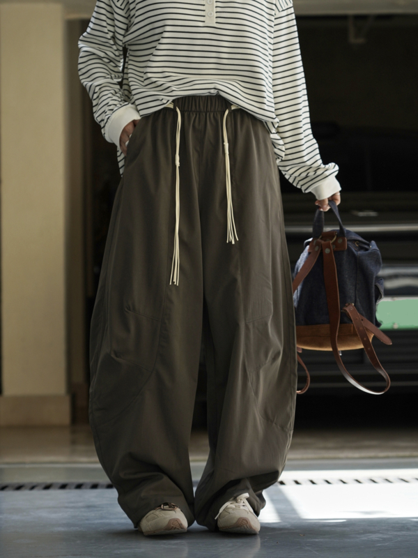 拼接輪廓搭配腰繩休閒褲卡寬鬆舒適顯瘦長褲