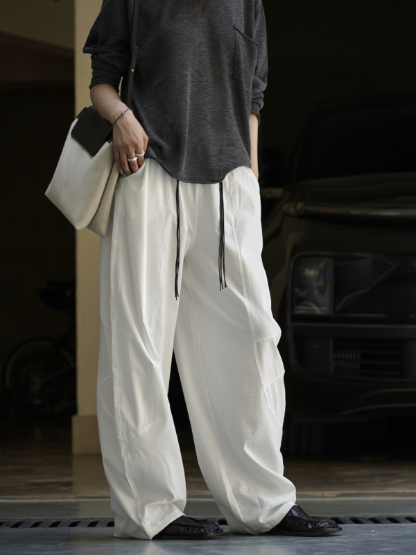 拼接輪廓搭配腰繩休閒褲卡寬鬆舒適顯瘦長褲