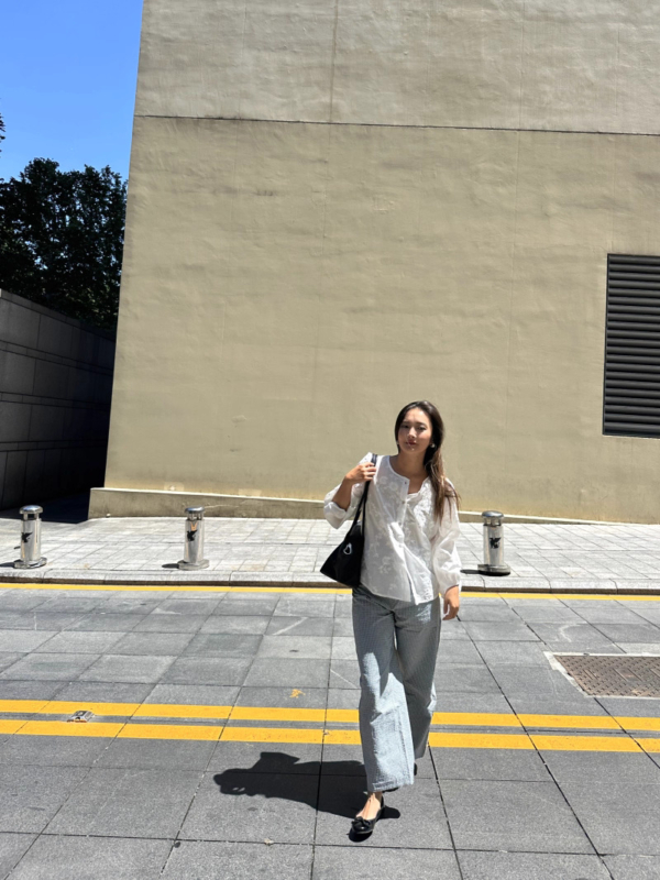 薄款泡泡肌理感高腰香蕉褲格紋長褲西裝褲