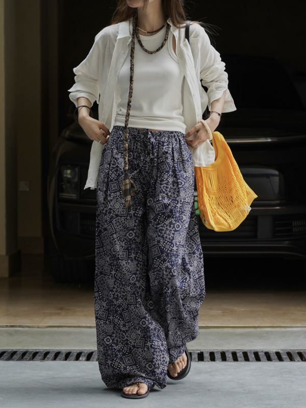 腰果花闊腿休閒褲垂感拖地休閒長褲