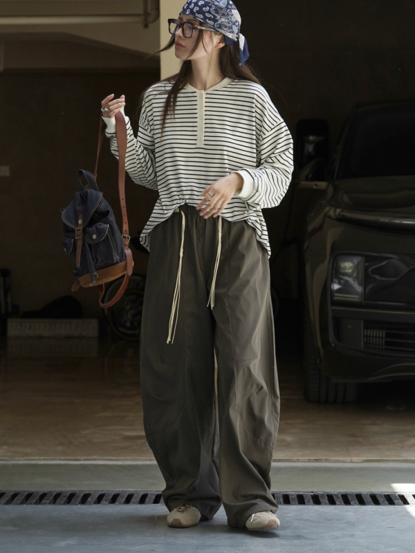 拼接輪廓搭配腰繩休閒褲卡寬鬆舒適顯瘦長褲