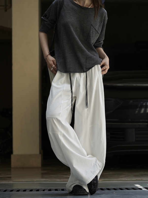 拼接輪廓搭配腰繩休閒褲卡寬鬆舒適顯瘦長褲