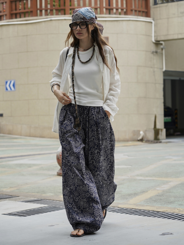 腰果花闊腿休閒褲垂感拖地休閒長褲