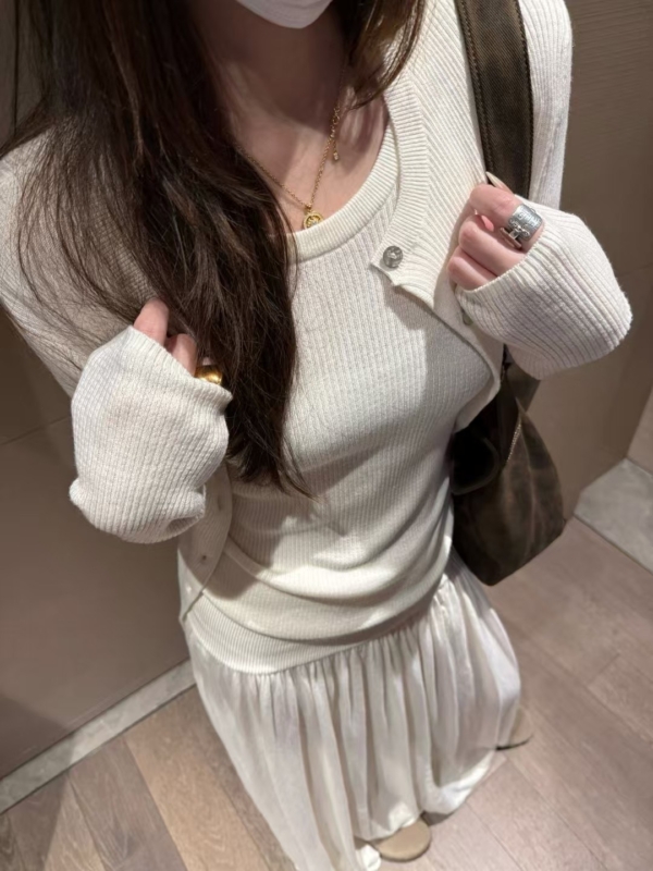 入秋無袖背心針織長裙三件式開衫套裝