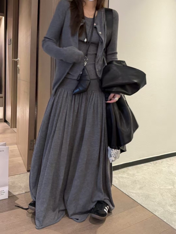 入秋無袖背心針織長裙三件式開衫套裝