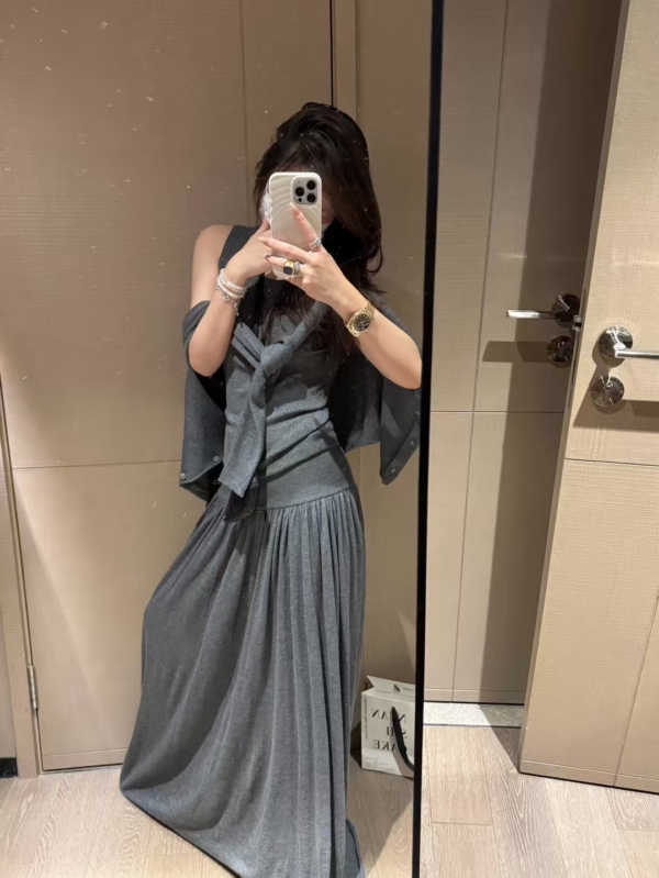 入秋無袖背心針織長裙三件式開衫套裝