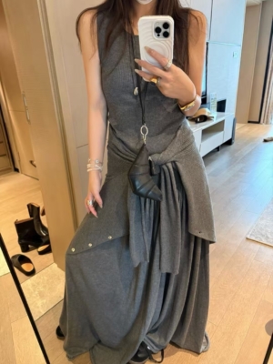 入秋無袖背心針織長裙三件式開衫套裝