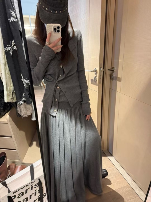 入秋無袖背心針織長裙三件式開衫套裝