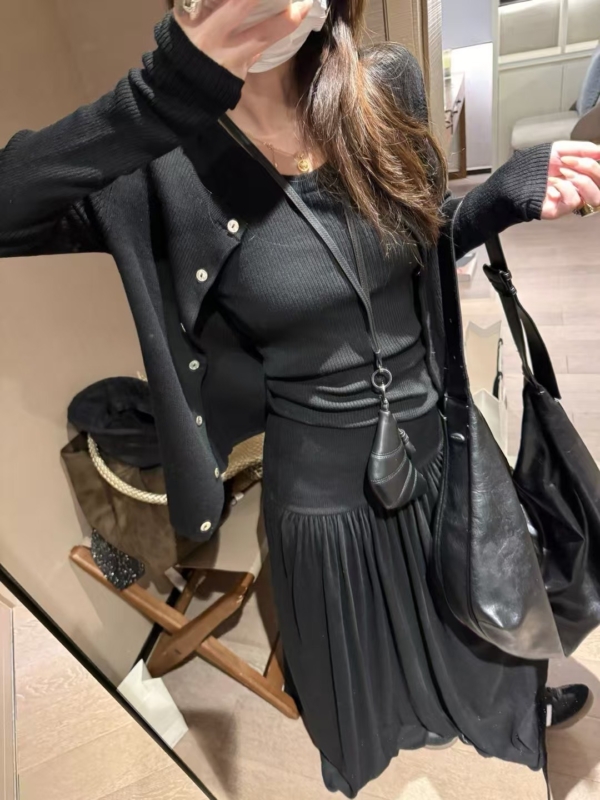 入秋無袖背心針織長裙三件式開衫套裝